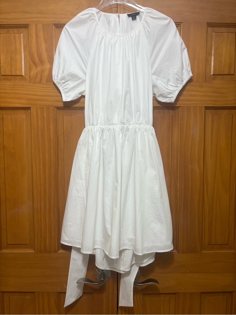 J. Crew White Puff-Sleeve Tie-Back Open Back 100% Cotton Dress Size 6 NWT